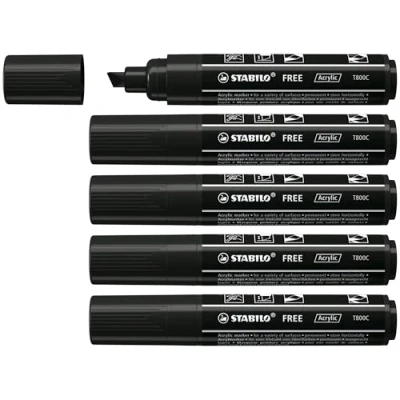 Afbeelding van STABILO FREE Acryl T800C Acrylmarker, 5 stuks, brede afgeschuinde punt, zwart