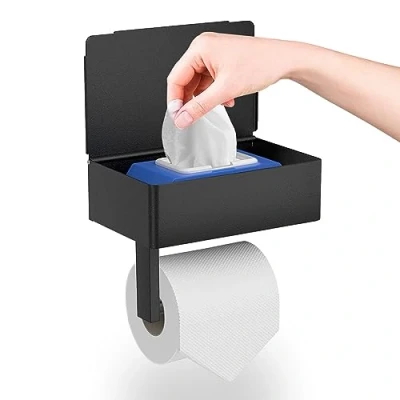 Afbeelding van GUIGUZI Toiletpapierhouder, toiletpapierhouder met vochtige doekjesdoos, zelfklevend of boren, wandhouder voor toiletpapier toilet en keuken, zwart