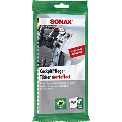 Afbeelding van SONAX 10 stuks cockpitverzorgingsdoekjes mat effect voor het reinigen, onderhouden en beschermen van alle kunststof , hout rubberonderdelen artikelnummer 04158000