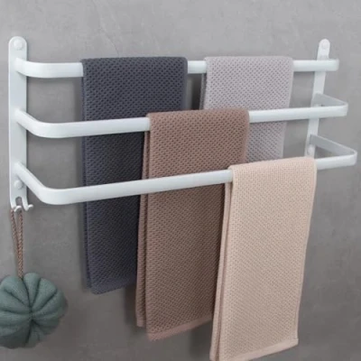 Afbeelding van Wandgemonteerde handdoekhouder 3 verdiepingen aluminium badkamerhanddoekhouder met haak voor badkamer, hotelkeuken, eigentijdse stijl, 60 cm