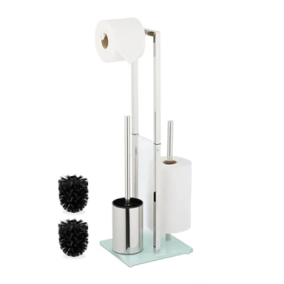 Afbeelding van toiletaccessoires set staande wc rolhouder met toiletborstel rvs glas