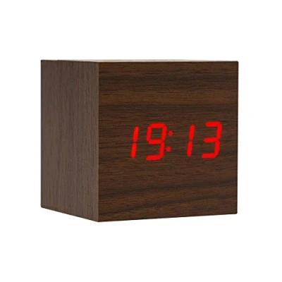 Afbeelding van Lancoon Wekker van hout mini digitale klok met weergave de tijd temperatuur, helderheid op 3 niveaus en spraakbediening, ideaal voor onderweg thuis AC10Brown_Red