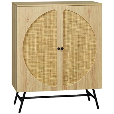 Afbeelding van HOMCOM Opbergkast, dressoir, hoog, houtlook en riet, design met 2 deuren, 80 x 39 101,8 cm, naturel