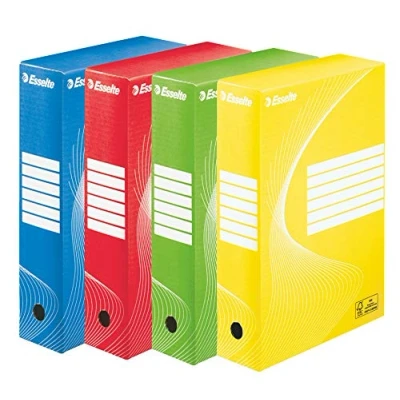 Afbeelding van Esselte Standaard archiefdoos, 80 mm, A4, transferbox, golfkarton zuurvrij, 10 stuks, capaciteit 600 vellen, verschillende kleuren, 128403