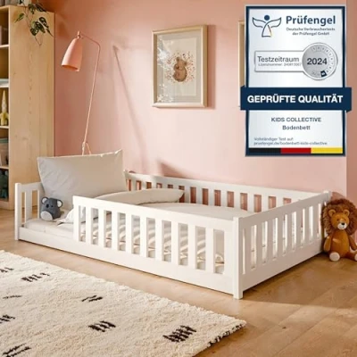 Afbeelding van Vloerbed 120x200 cm met matras, valbescherming en Montessori lattenbodem Bed voor kinderen tieners Eenpersoonsbed Wit Andere maten 80x160 cm, 90x200