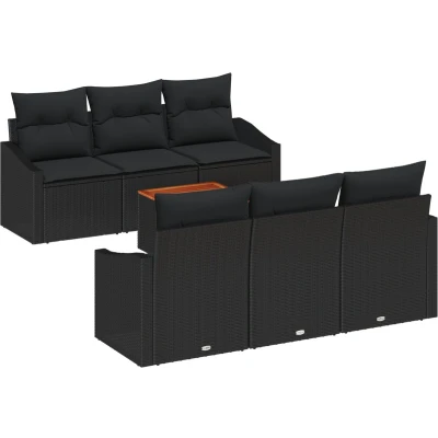 Afbeelding van vidaXL 7 delige Tuinsofa Set met Kussens Zwart Poly Rattan Acacia