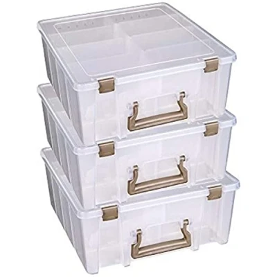 Afbeelding van ArtBin Super Satchel Set van 3 draagbare knutselorganizers met handgrepen, [3] kunststof opbergdozen, roze accenten, polypropyleen, transparant en goud
