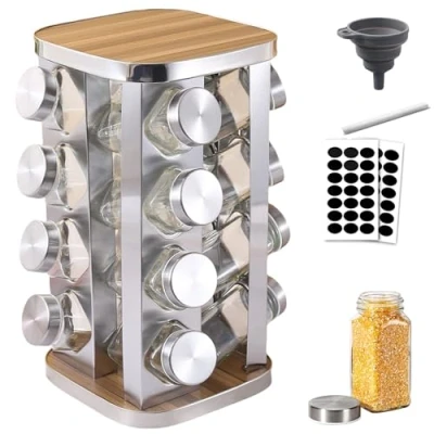 Afbeelding van Kruidenrek voor keuken met 16 kruidenpotjes, 360 graden, carroussel specerijen, roestvrij staal, kruidenpotje, glas, opslag van kruidenetiket, hout