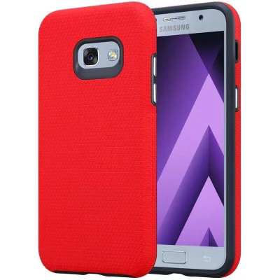 Afbeelding van Cadorabo Hoesje geschikt voor Samsung Galaxy A3 2017 in ANJERS ROOD Hybride beschermhoes buiten met extra grip en antislip oppervlak driehoekig design, gemaakt van siliconen kunststof