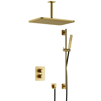 Afbeelding van Hotbath Gal Regendoucheset IBS40A Geborsteld Messing PVD Staaf Handdouche 40cm Hoofddouche Plafondbuis 15cm met glijstang
