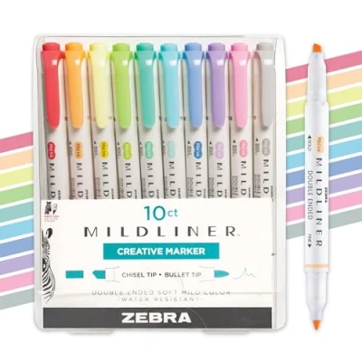 Afbeelding van Zebra Pen Mildliner Markeerstiften met dubbele uiteinden, brede en fijne punten, verschillende fluorescerende koude inktkleuren