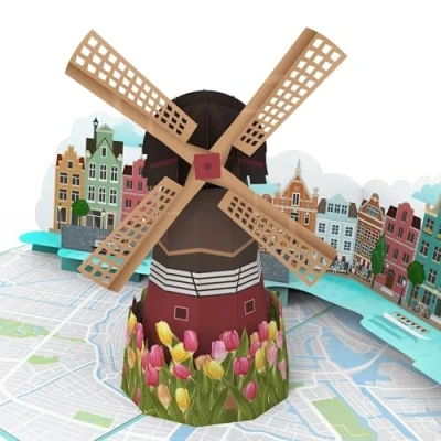 Afbeelding van MOKIO® Pop up kaart Windmolen, tulpen en grachten in Amsterdam 3D verjaardagskaart voor de vakantie Nederland, als goed cadeau een reis of stedentrip naar