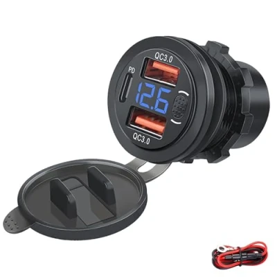 Afbeelding van Intckwan USB stekker, 12 V, 66 W, PD en QC3.0, motorfiets, waterdicht, stopcontact met schakelaar led voltmeter, inbouwUSB stekker voor voertuig, 24 boot, vrachtwagen,