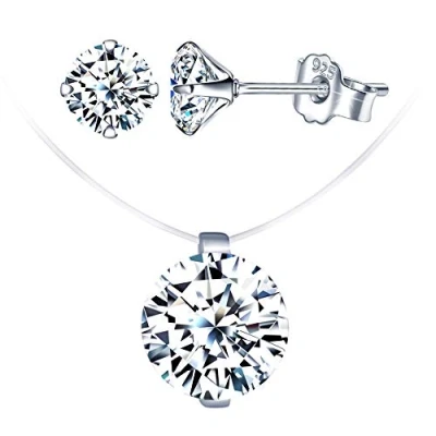 Afbeelding van Diamant Sieradensets, Onzichtbare Vislijn Choker Ketting Voor Vrouwen Oorbellen 925 Zilver Kerst en Verjaardagscadeau Kubieke Zirkonia, Zirkonia Sterling Kunstmatige Diamant, Kristal