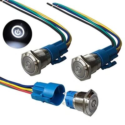 Afbeelding van QitinDasen 3 stuks premium 12 V/24 V, 5 A, automatische drukknopschakelaar, 19 mm, wit, led schakelaar, waterdicht, IP67 met stroomkabel