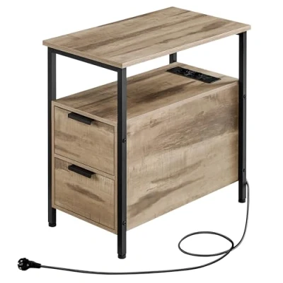 Afbeelding van VASAGLE Bijzettafel met stekkerdoos, kleine dunne tafel 2 laden, nachtkastje opbergruimte, voor woonkamer, slaapkamer, camelbruin en inktzwart LET325K01