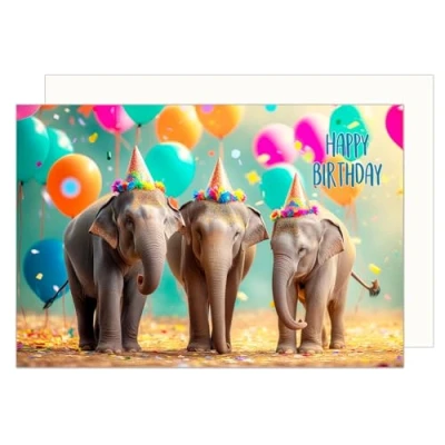 Afbeelding van Edition Seidel G3529 SW024 Verjaardagskaart met envelop, diermotief, voor mannen en vrouwen, coole olifanten, kleurrijke ballonnen, grappige humor