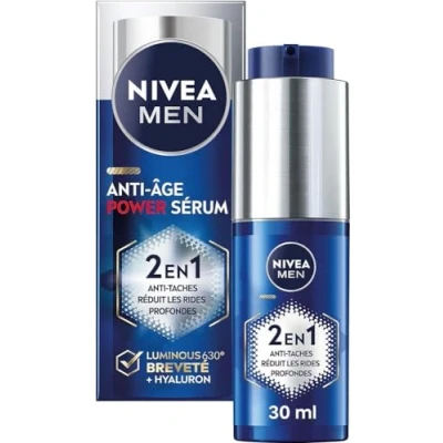Image de NIVEA MEN Sérum Power 2 en 1 LUMINOUS630® anti âge &amp; taches (1 x 30 ml), hydratant visage enrichi acide hyaluronique, Soin homme pour tous types de peaux