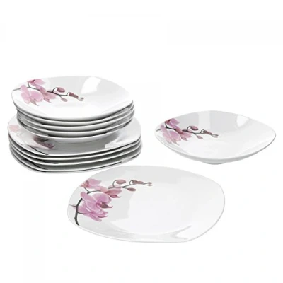 Afbeelding van Van Well Tafelservies Kyoto, 12 delig, voor 6 personen, eetlepels + diepe, porseleinkast, bloemendecoratie, orchidee, roze rood,