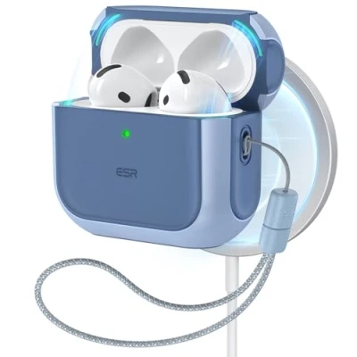 Afbeelding van ESR AirPods hoes 4e generatie (2024) (USB C), compatibel met MagSafe, valbescherming koord, hybride hoes, Orbit serie, blauw