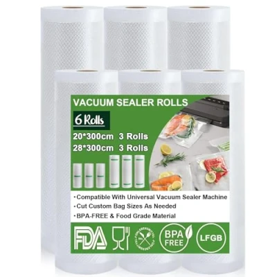 Afbeelding van Omtofo 6 rollen vacuümzakken voor levensmiddelen, 20 x 300 cm (3 rollen) en 28 rollen), BPA vrij, scheurvast, alle vacuüm magnetronafdichtingsmachines