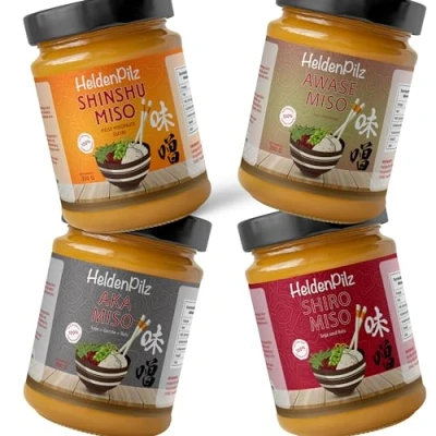Image de HeldenPilz® Paquet d&#039;essai miso 4 variétés de pâte non pasteurisée AKA SHIRO SHINSHU AWASE Ingrédients 100 % naturels Bio Durable sans plastique (paquet Miso)