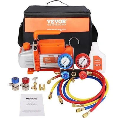 Image de VEVOR Pompe à Vide Climatisation 128 L/min Frigoriste HVAC 180 W avec Kit Jauges et Tuyau Caoutchouc Tricolore 1440 tr/min Sac de Transport pour R134a Climatiseur Automobile Réfrigérateur