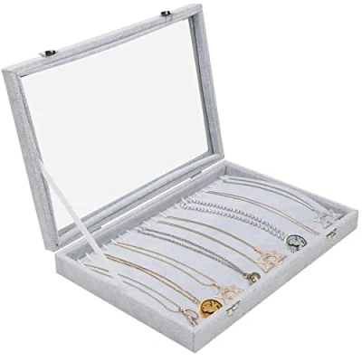 Afbeelding van Belle Vous Grijs Velours Ketting Sieraden Organiser Opslag Display Kast Doos Tray met 20 Haken en Afsluitbaar Glazen Deksel Stapelbare Bak Voor Lade Kettingen, Armbanden, Oorbellen
