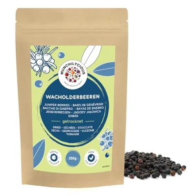 Afbeelding van Hele jeneverbessen (250 g), 100% zuivere en natuurlijke jeneverbessen, zonder suiker, zacht gedroogde jeneverbes toevoegingen, veganistisch, glutenvrij lactosevrij