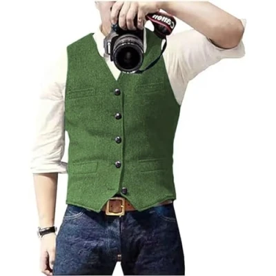 Afbeelding van Solovedress Casual wollen visgraatvest voor heren, V hals, tweed gilet bruiloft, Groen