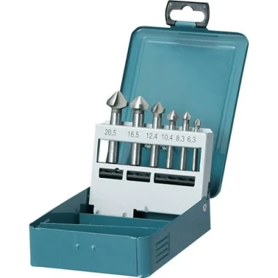 Afbeelding van Makita D 42204 6 stuks HSS stalen conische frezen in metalen koffer, 90 gesneden, diameter 6,3 tot 20 mm, voor metaal, non ferrometaal of hout, DIN335, ronde schacht