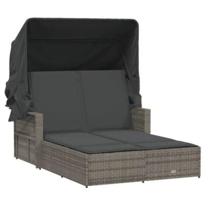Afbeelding van Ligbed 2 persoons met luifel en kussens poly rattan grijs