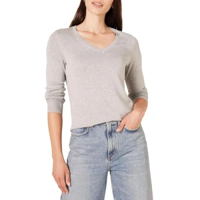 Image de Amazon Essentials Chandail léger à manches longues et col en V pour femme (disponible grande taille), gris clair chiné, taille 2X