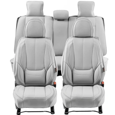 Image de VEVOR Housses de siège voiture universelles, ensemble complet sièges avant et arrière, housse en simili cuir, 13 pcs, appuie tête détachable, airbag, pour voitures SUV camions, gris