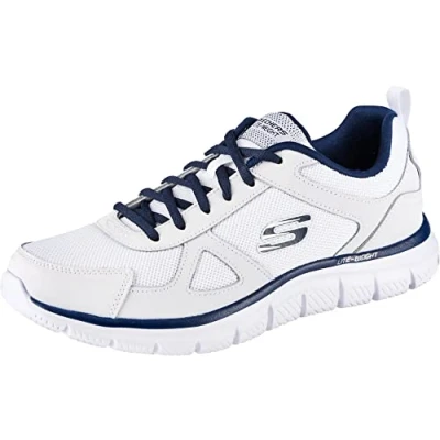 Image de Skechers Homme Track Scloric Basket, Maille en Cuir Synthétique Blanc avec Bordure Bleu Marine, 44 EU