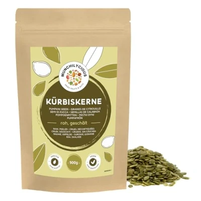 Image de graines de citrouille 500g par Munchilycious, crues et pelées à manger, collations aux noix, céto, garniture parfaite pour céréales, granola ou porridge