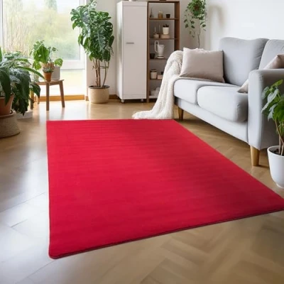 Afbeelding van Modern laagpolig tapijt, effen kleur, antislip, wasbaar, zacht, rood, 80x150 cm