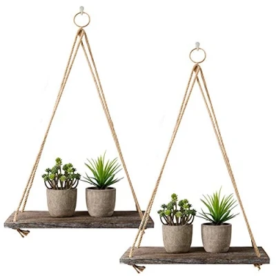 Afbeelding van Rustieke Plank 2 Packs Houten Drijvende Planken met String Rope Opknoping Rustiek Verdrietig Hout Muur Decor Swing Touw Haken voor Woonkamer