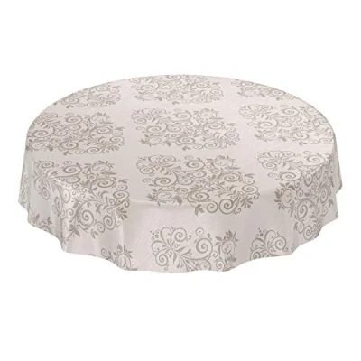 Afbeelding van ANRO Afwasbaar Tafelzeil tafelkleed, barok arabesk motief, beige, rond, 140 cm