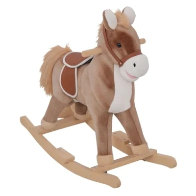 Afbeelding van HOMCOM Hobbelpaard cowboy paard zadel groot comfort pluche kort zacht hout populier bruin
