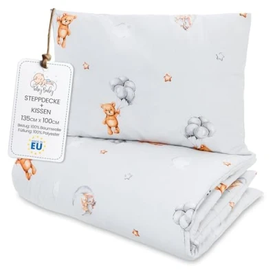 Afbeelding van Katoenen kinderdekbed, 100 x 135 cm, babydeken, dekbed voor babybed, cm en kussen 60 40 teddybeer