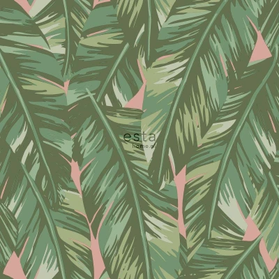 Afbeelding van ESTAhome behang bananenbladeren vergrijsd olijfgroen en perzik roze 139015 0,53 x 10,05 m