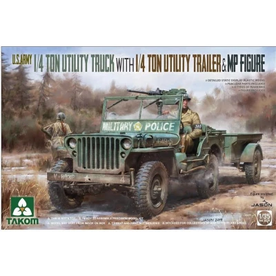 Afbeelding van 1:35 Takom 2126 U.S. Army 1/4 Ton Utility Truck w/Trailer and Figure Plastic Modelbouwpakket