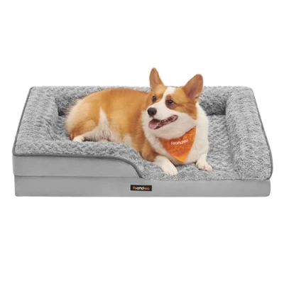 Afbeelding van Feandrea Hondenbed, dierenbed, orthopedisch, honingraatschuim, gevoerde verhoogde randen, afneembare overtrek van pluche met roze motieven, 91 x 68 16 cm, duifgrijs PGW252G01