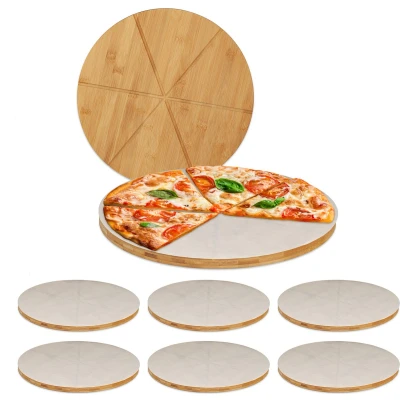 Afbeelding van Relaxdays 8x Pizzaplank bamboe rond serveerplank 33 cm bakpapier pizzabord set
