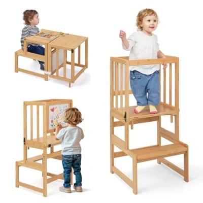 Afbeelding van COSYLAND 3 in 1 leertoren voor kinderen, opvouwbare met bord, multifunctioneel en opvouwbaar, van hout keuken, tafel badkamer vanaf 18 maanden (kleur
