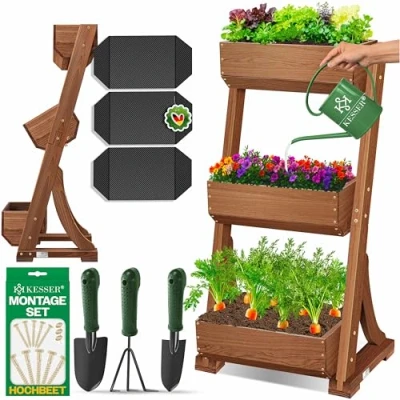 Afbeelding van KESSER® verticale Tuin met 3 Plantenbakken Kweekbak inclusief Tuinvlies voor Terras Balkon &amp; Plantenbak vakken Bruin