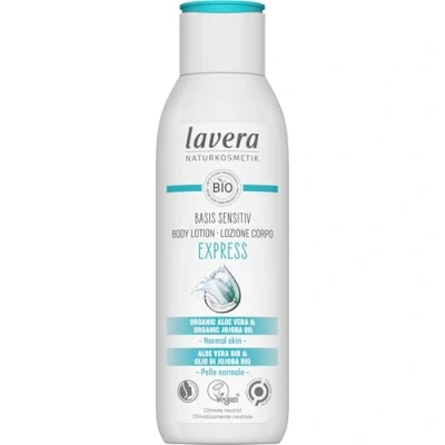 Afbeelding van lavera Base Sensitiv Body Lotion Express natuurlijke cosmetica veganistisch biologische aloë vera en jojoba olie snel absorberende vochtinbrengende verzorging bodylotion
