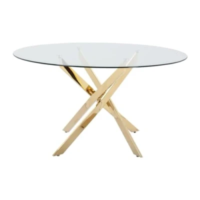 Afbeelding van Vente unique Ronde eettafel 6 personen Gehard glas en goudkleurig metaal Transparant COSIMA L 140 cm x H 77 D