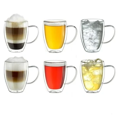 Afbeelding van Creano Theeglas, koffieglas, latteglas, dubbelwandig, thermisch glas, met handvat, groot, van borosilicaatglas, 6 x 400 ml